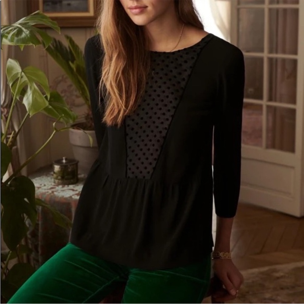 Sezane Judith Blouse Polka Dot Black Velvet Chiffon Paneled Pleated Top 40